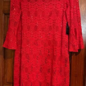 Ronni Nicole Red Lace Sequin Long Sleeve Shift Dress